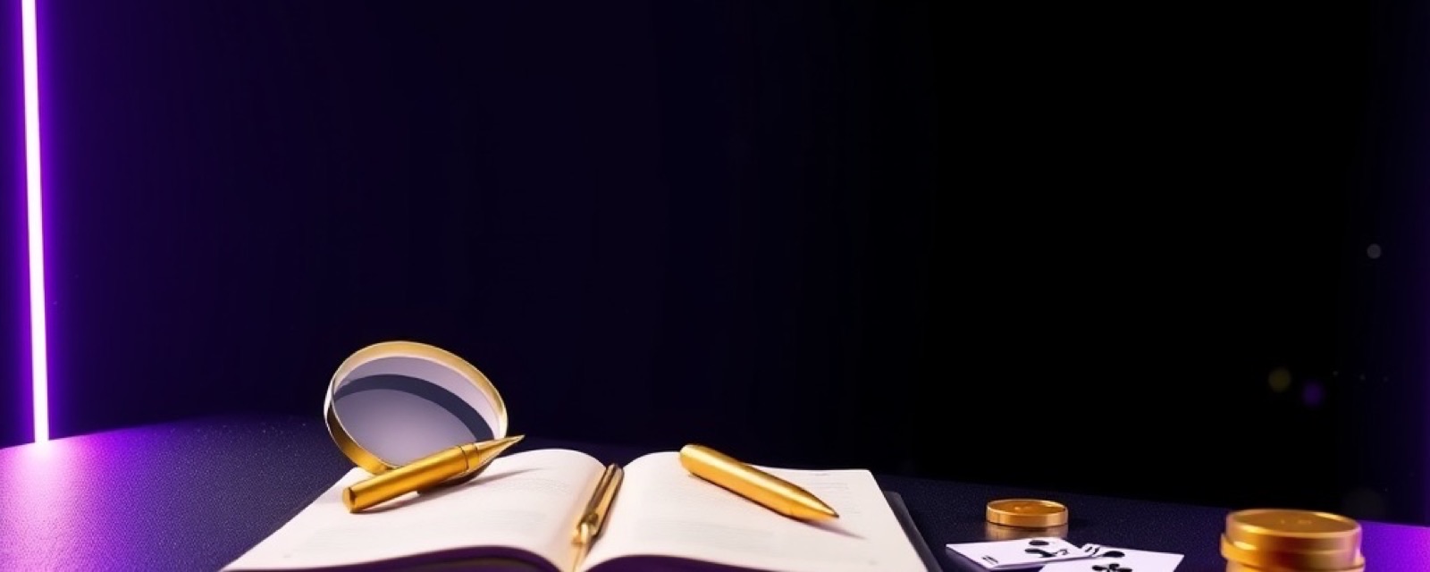 Gold365 editorial desk with a notebook, magnifying glass, playing cards and gold coins
