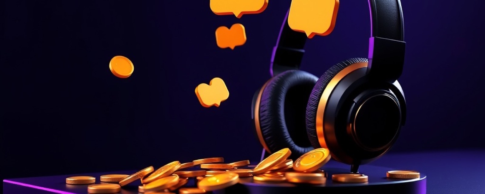 Gold365 Customer Support artwork with glossy game pieces, gold coins and violet stage light
