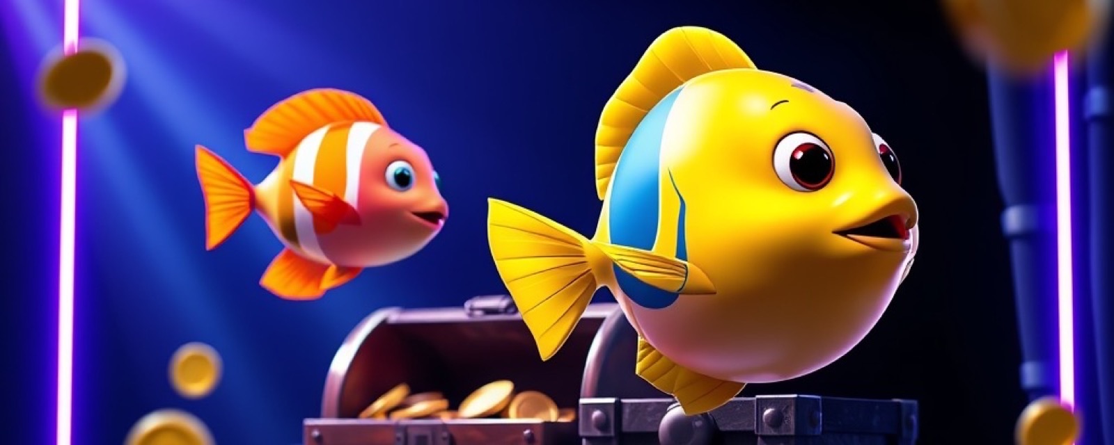 Gold365 Fishing Games artwork with glossy game pieces, gold coins and violet stage light