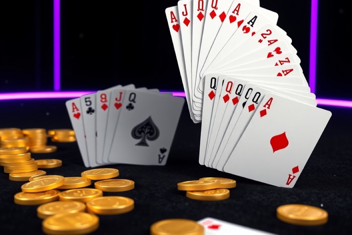 Rummy cards fanned on a black table beside stacks of gold chips