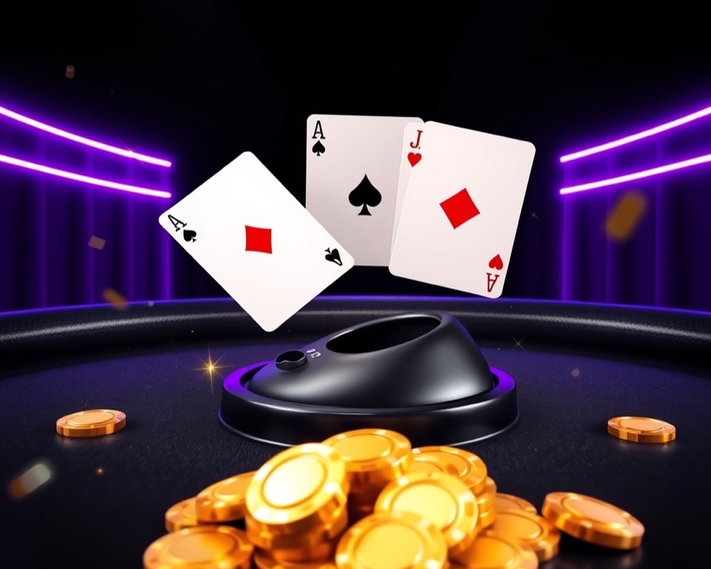 Three playing cards flipping in the air above a dealer shoe and chips
