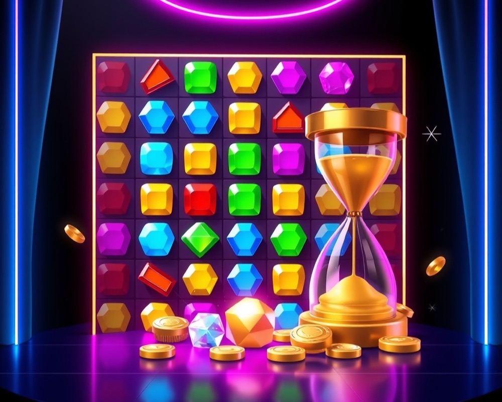 Colourful puzzle gems in a grid next to a golden hourglass