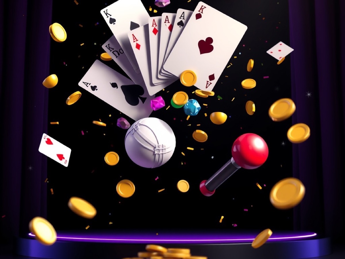 Playing cards, puzzle gems, a cricket ball and gold coins bursting from a stage