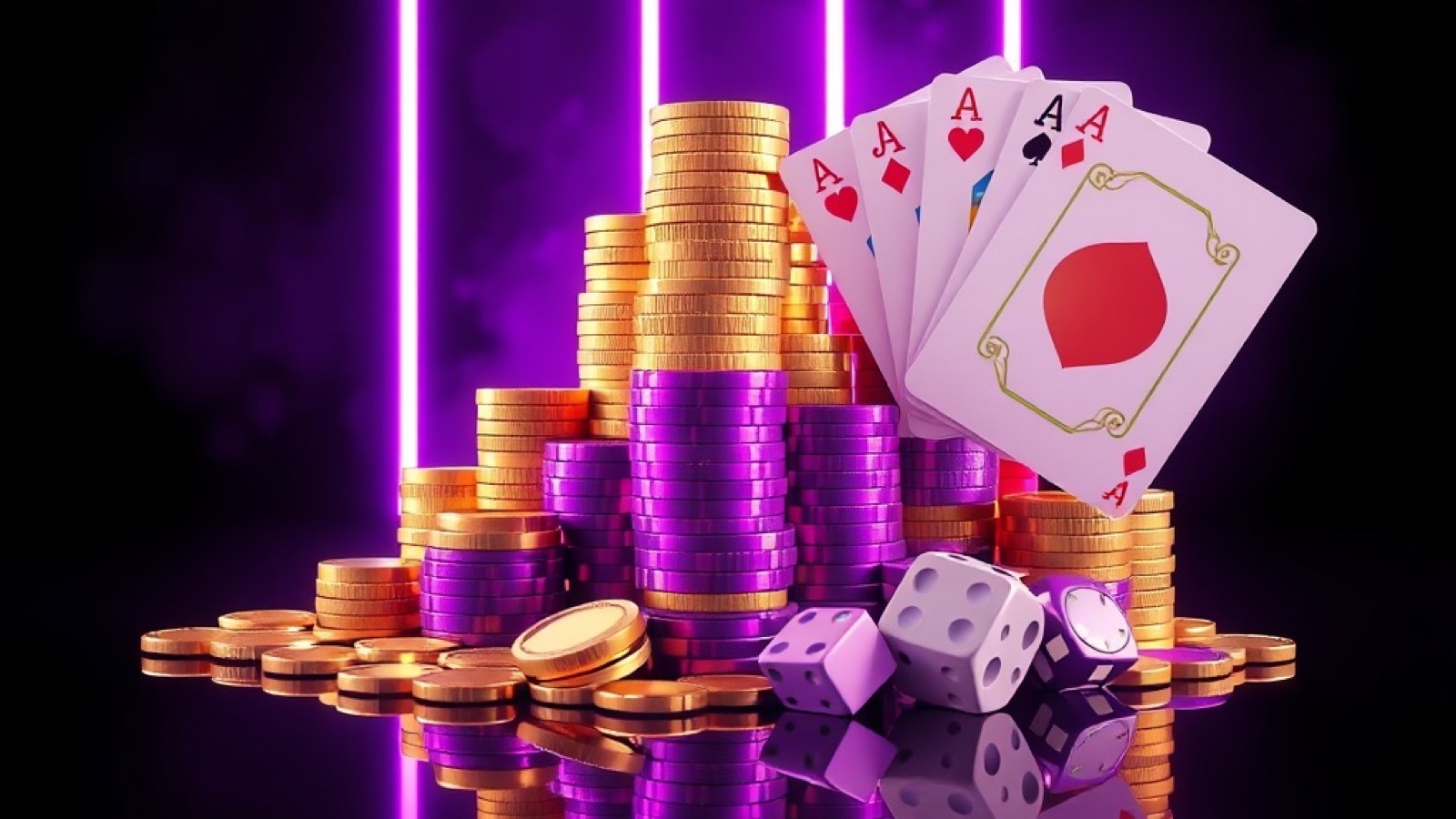 Gold365 game table with a golden slot machine, rummy cards and gold chip stacks