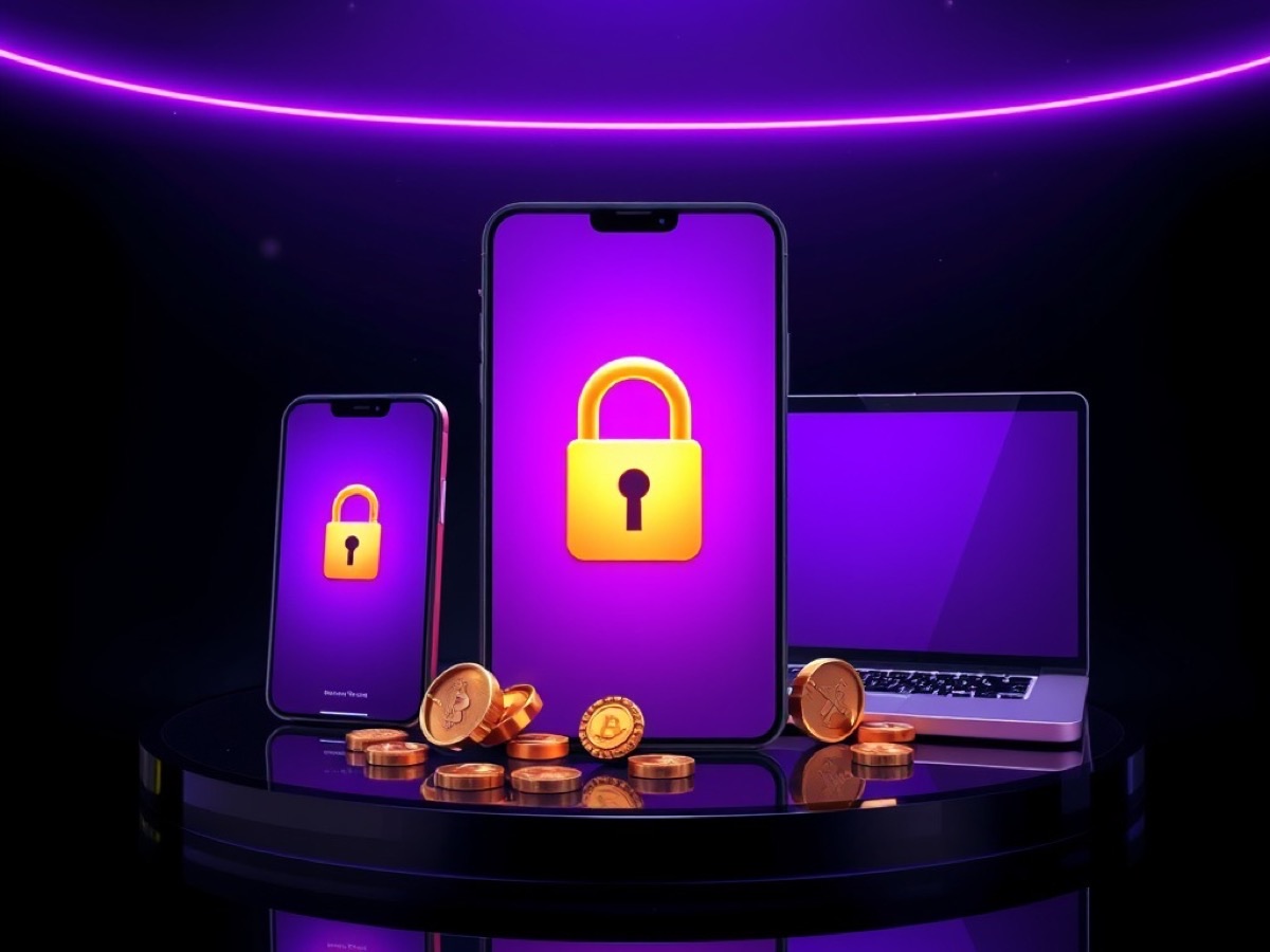 Phone, tablet and laptop each showing a golden padlock on a violet screen