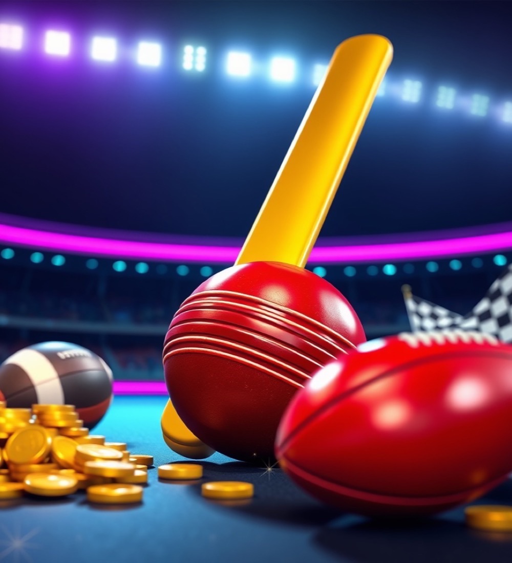 Red cricket ball and golden bat in front of a floodlit stadium at night