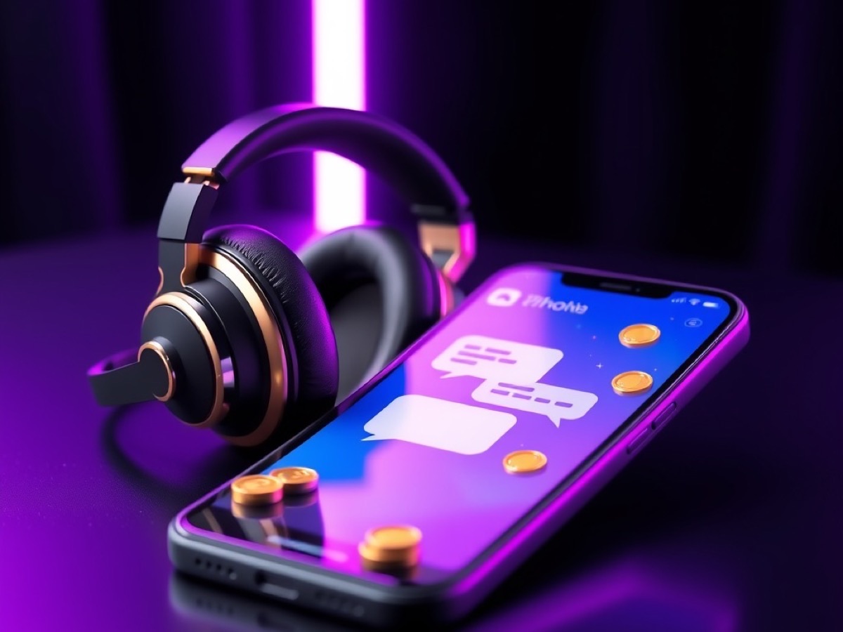 Black and gold headset beside a phone showing chat bubbles