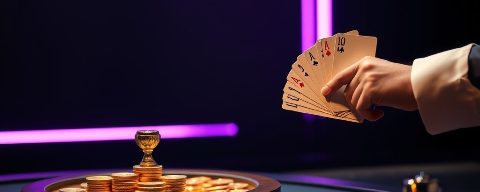 Gold365 Live Dealer Games artwork with glossy game pieces, gold coins and violet stage light