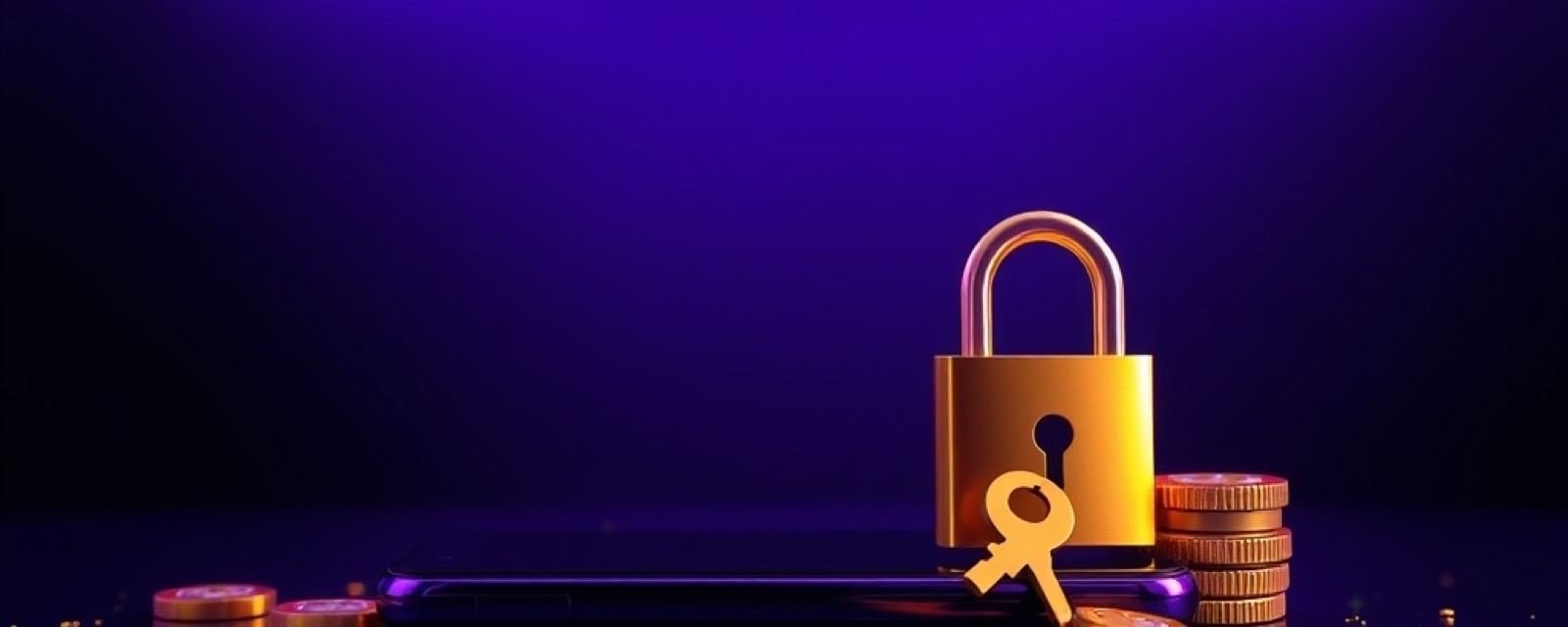 Gold365 Login artwork with glossy game pieces, gold coins and violet stage light
