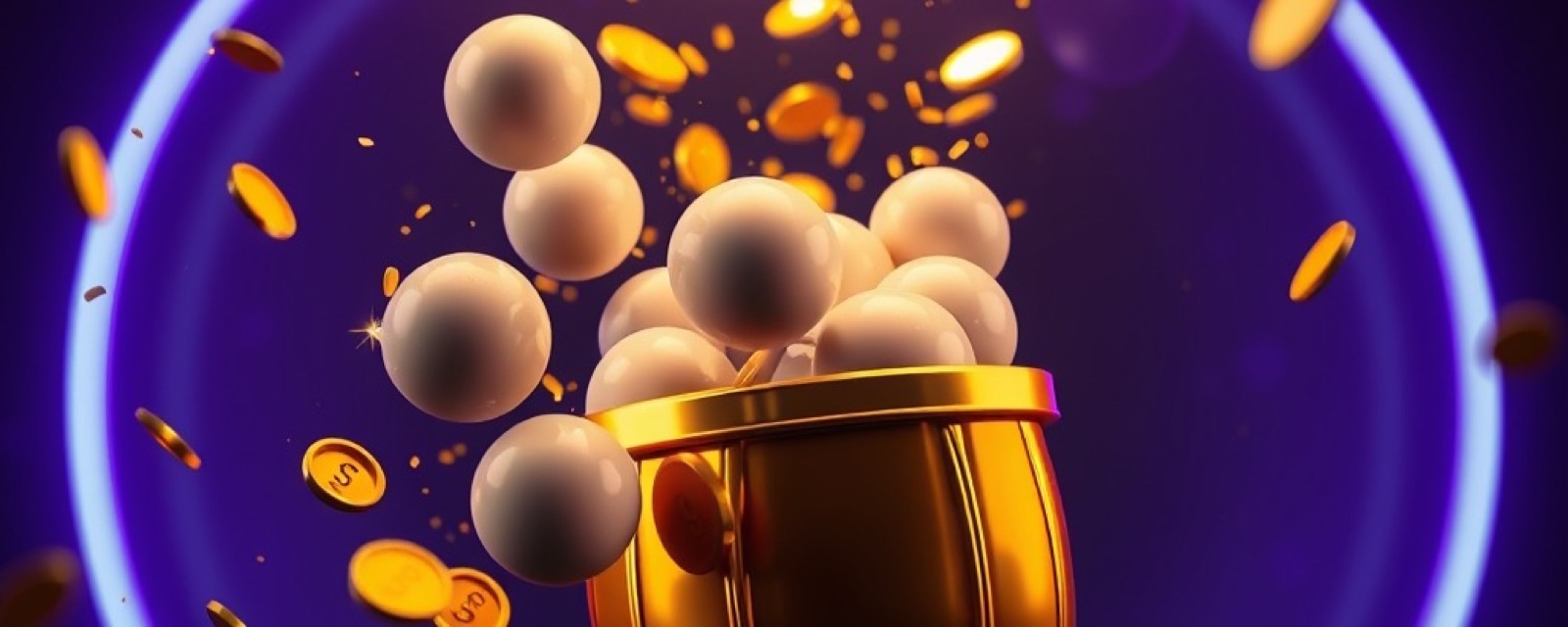 Gold365 Lottery Games artwork with glossy game pieces, gold coins and violet stage light