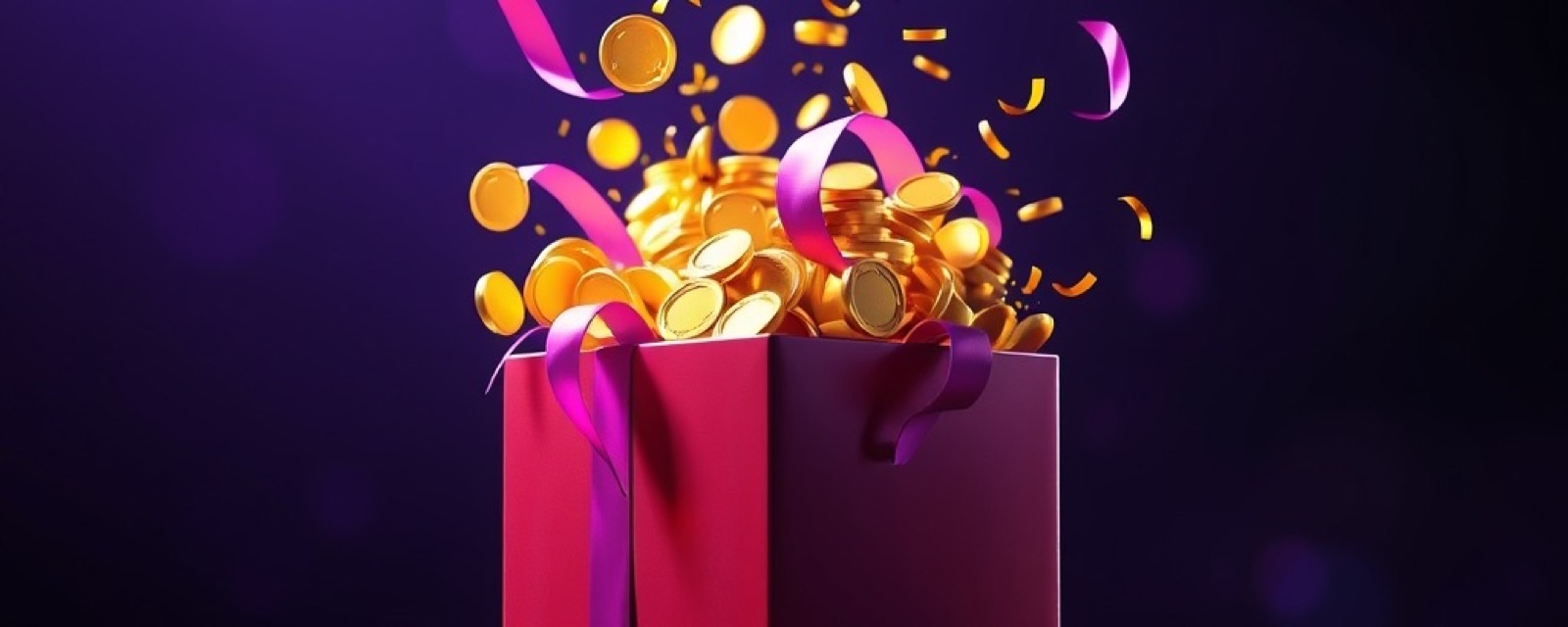Gold365 Promotions artwork with glossy game pieces, gold coins and violet stage light